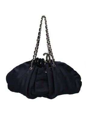 Chanel Melrose Cabas Chain Shoulder Silk Satin Bag Navy